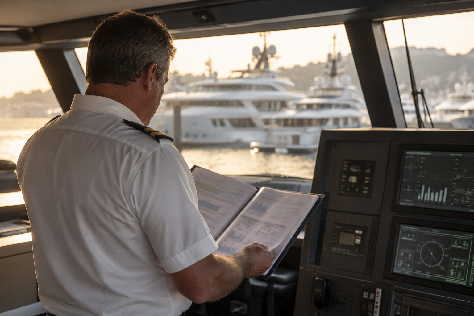 Superyacht engineer reviewing an environmental assessment beside onboard energy monitoring equipment