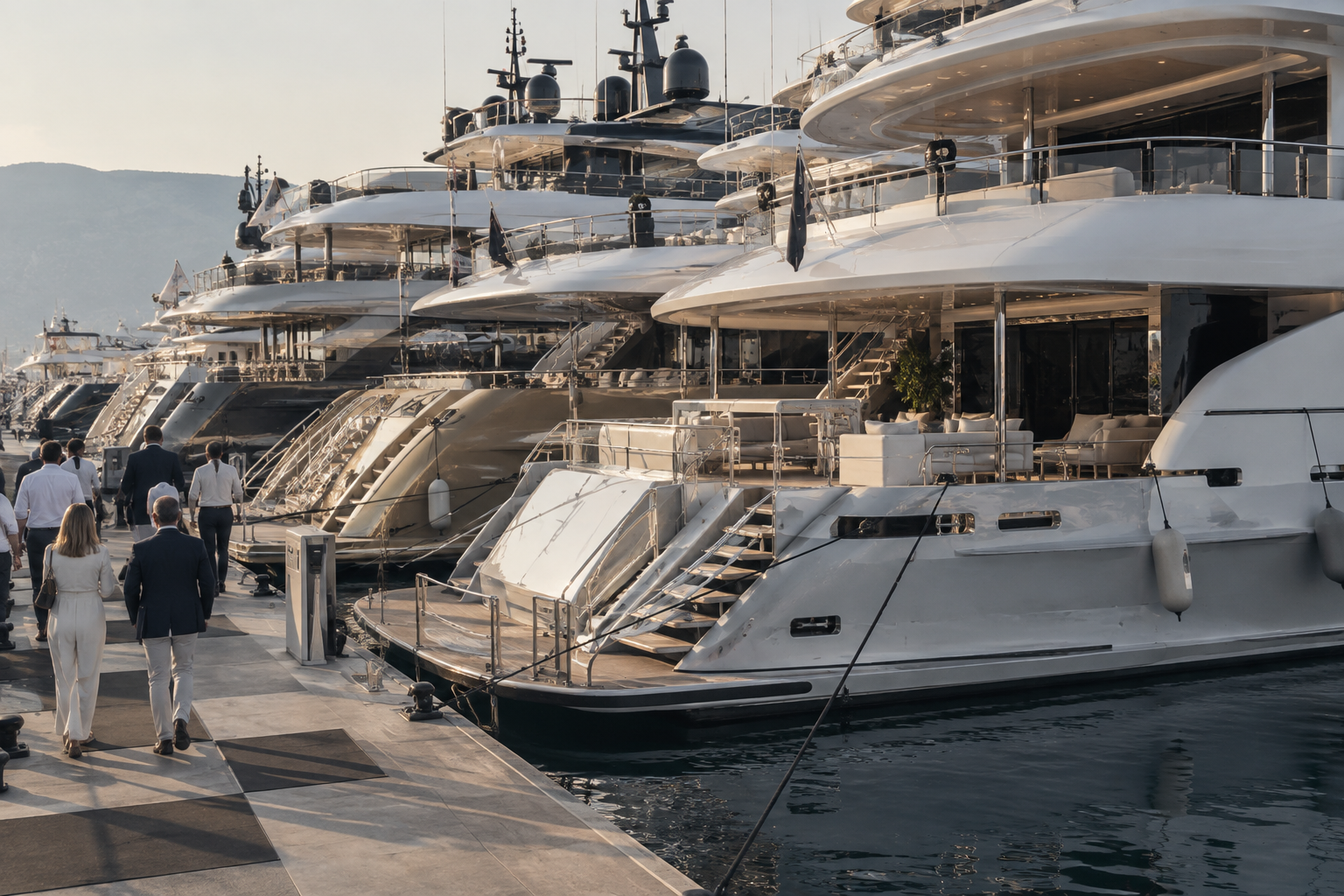 Superyacht market inspections along a Mediterranean show quay lined with large motor yachts