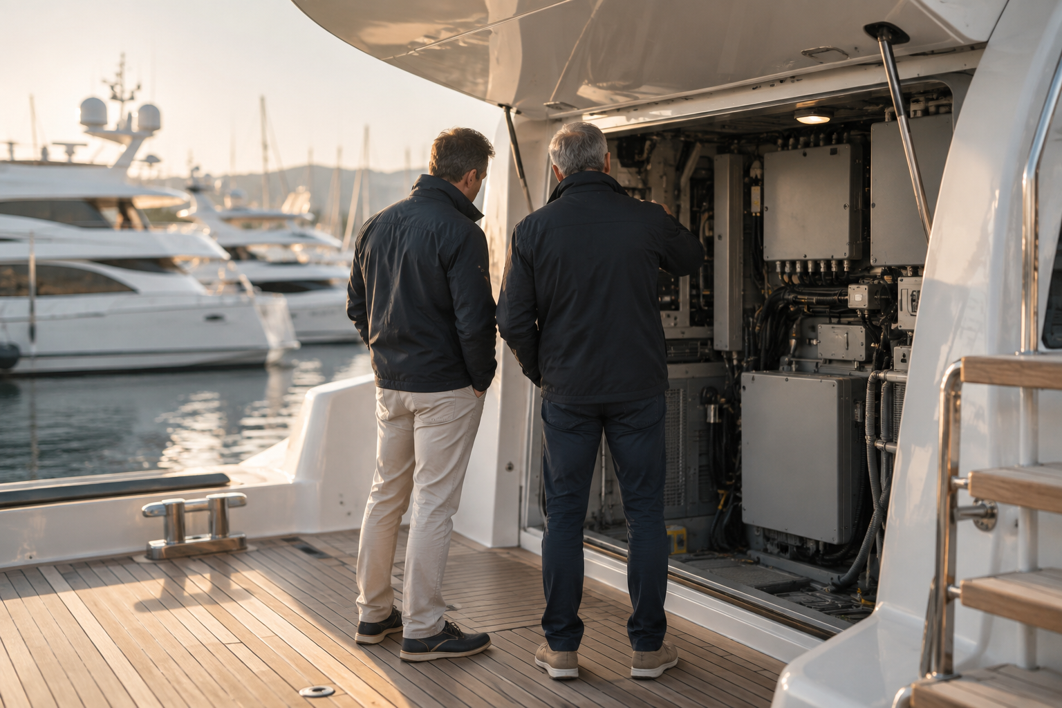 Superyacht refit specialists examining an open deck service compartment in a Mediterranean marina