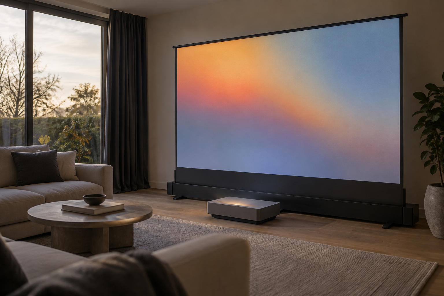 Ultra-short-throw projector beneath a 140-inch rising screen in a daylight living room
