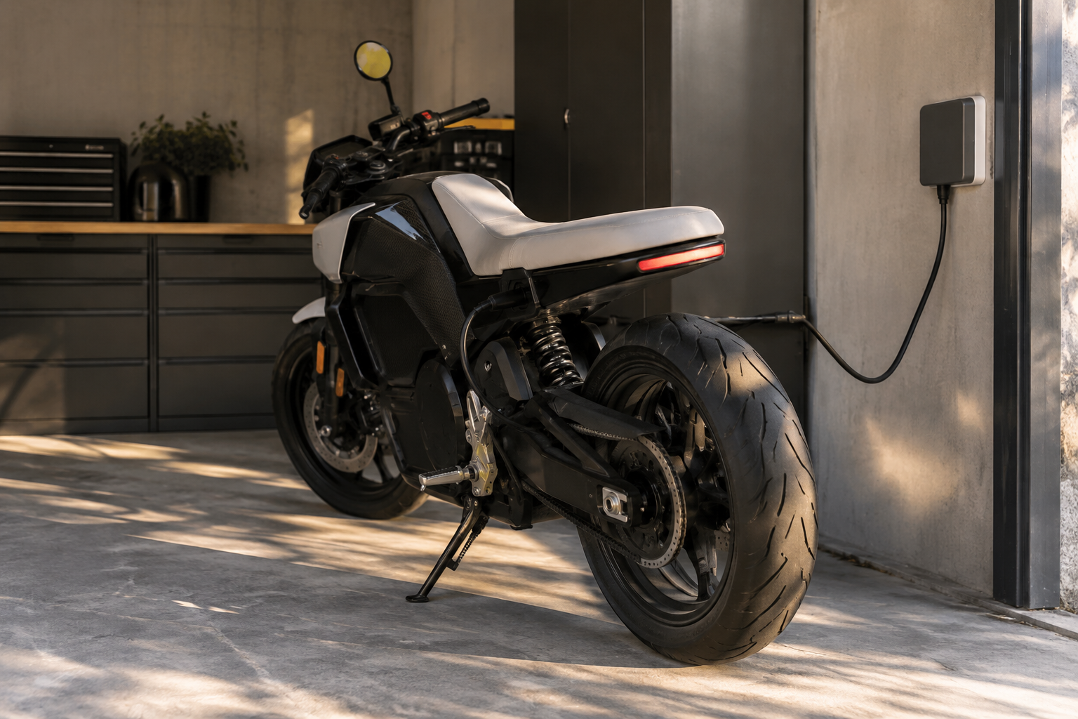 Urban electric motorcycle with black bodywork, white seat and carbon-fibre panels in a private garage