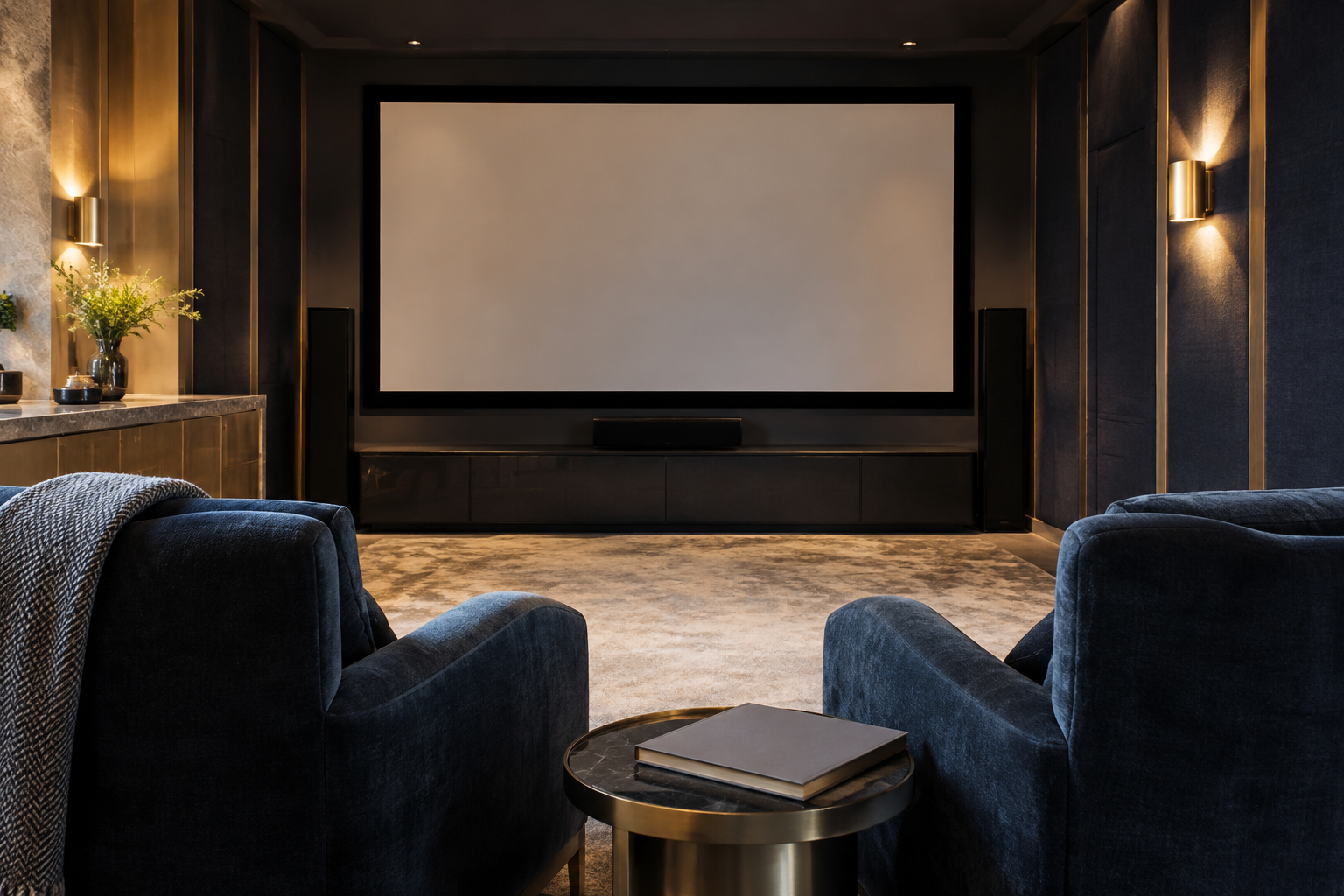 Private cinema with a blank screen awaiting a YouTube viewing specification.